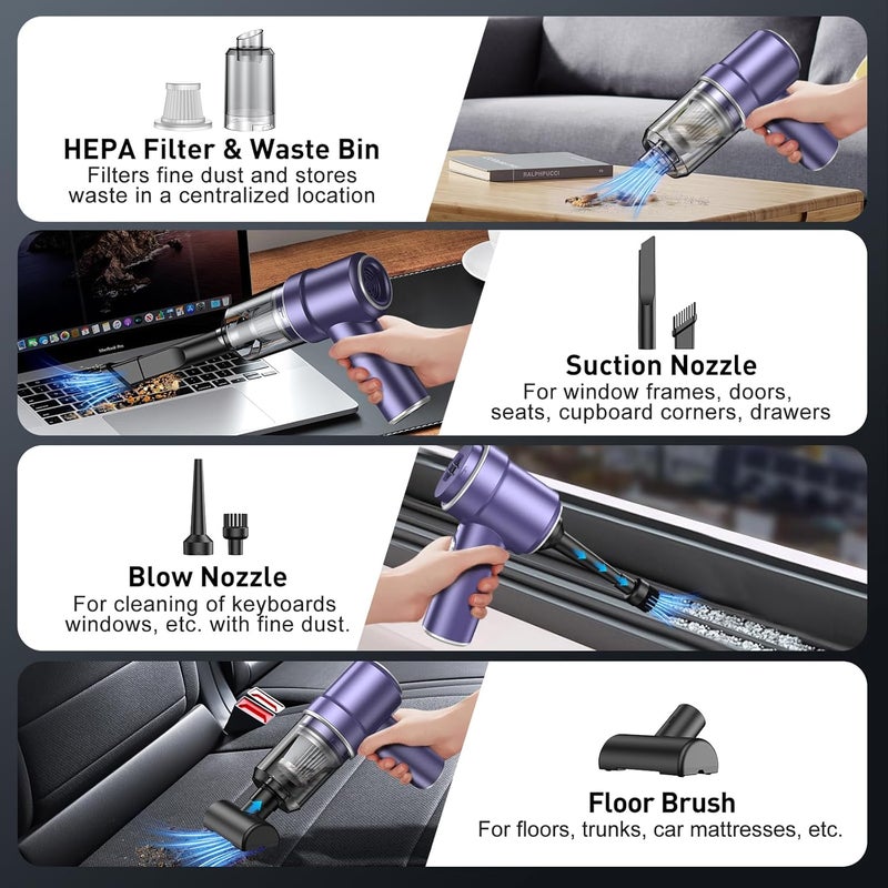 MM Handheld Car Vacuum Cleaner, 9000PA Vacuum Cleaner & Air Duster, 120W High Power Vacuum Portable Cordless, Hand Held Vacuum Rechargeable with Multi-Nozzles & LED Light for Home, Car, Office - Image 5